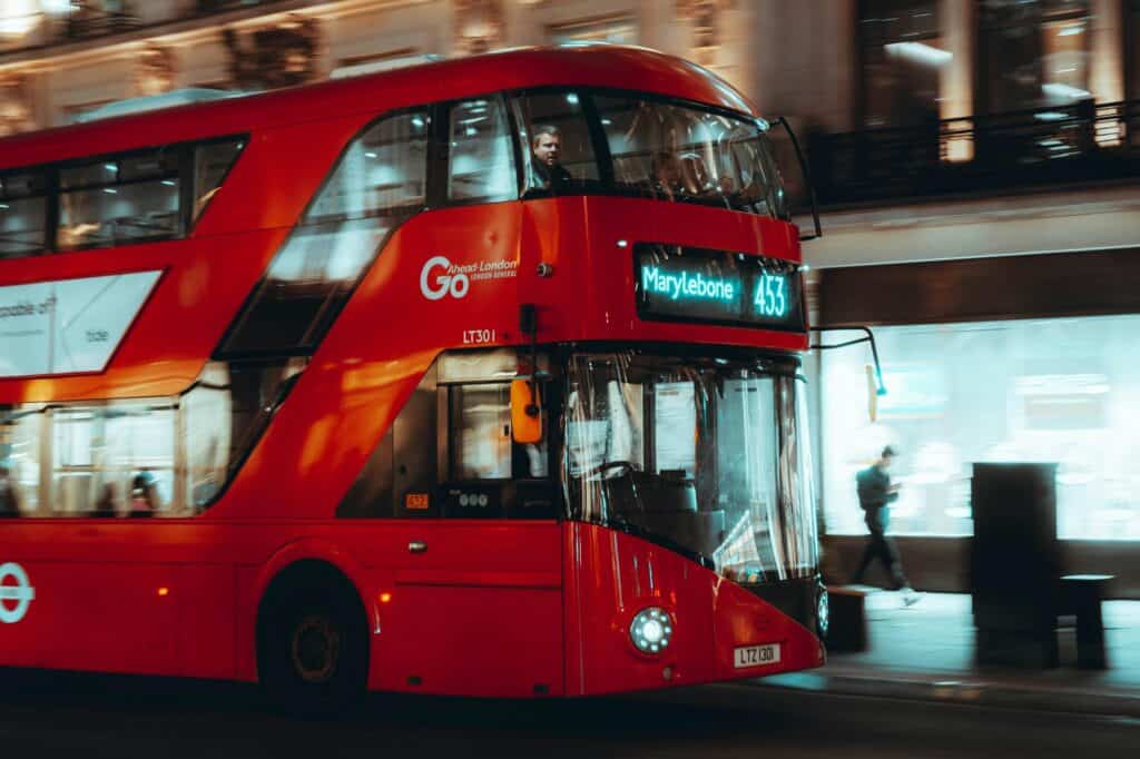 A double-decker bus to Marylebone at night