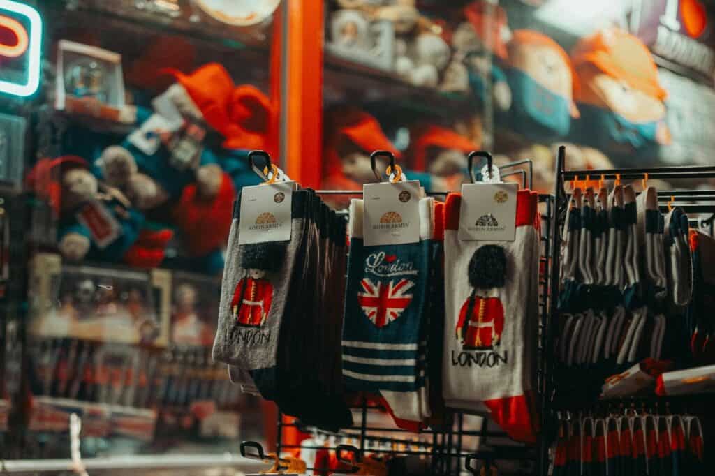 Socks on display in a souvenir shop