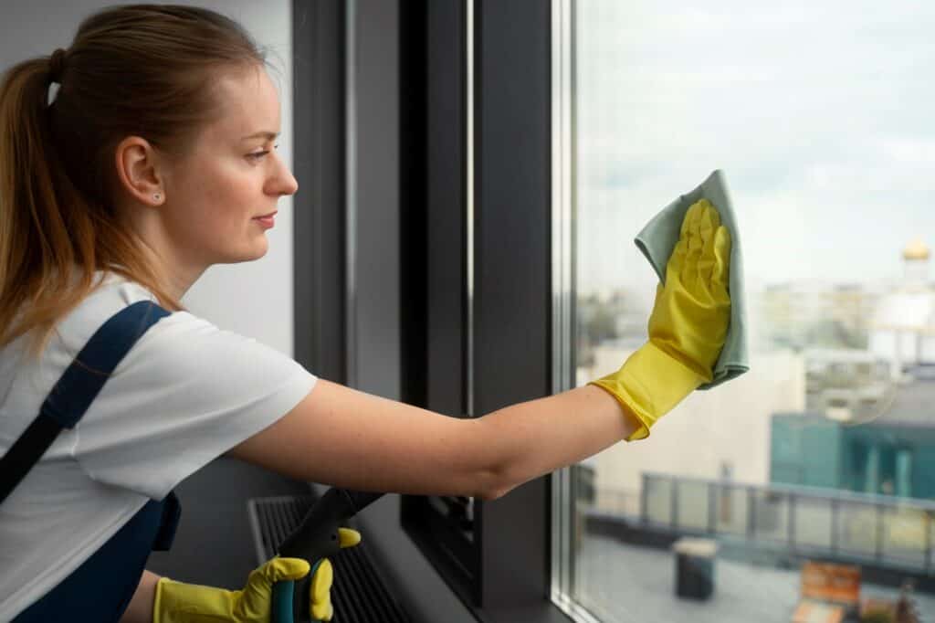Cleaning services wiping the window of a new flat