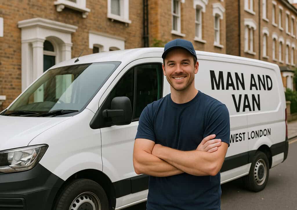 White van behind a man wearing blue shirt