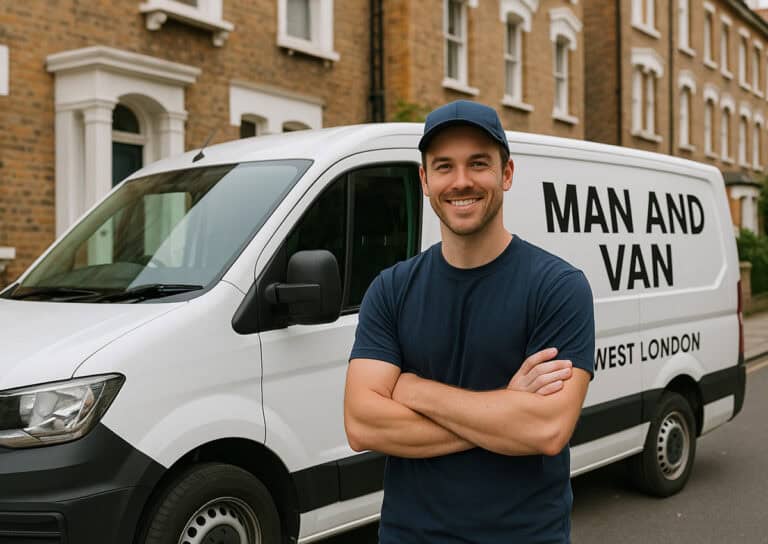 White van behind a man wearing blue shirt