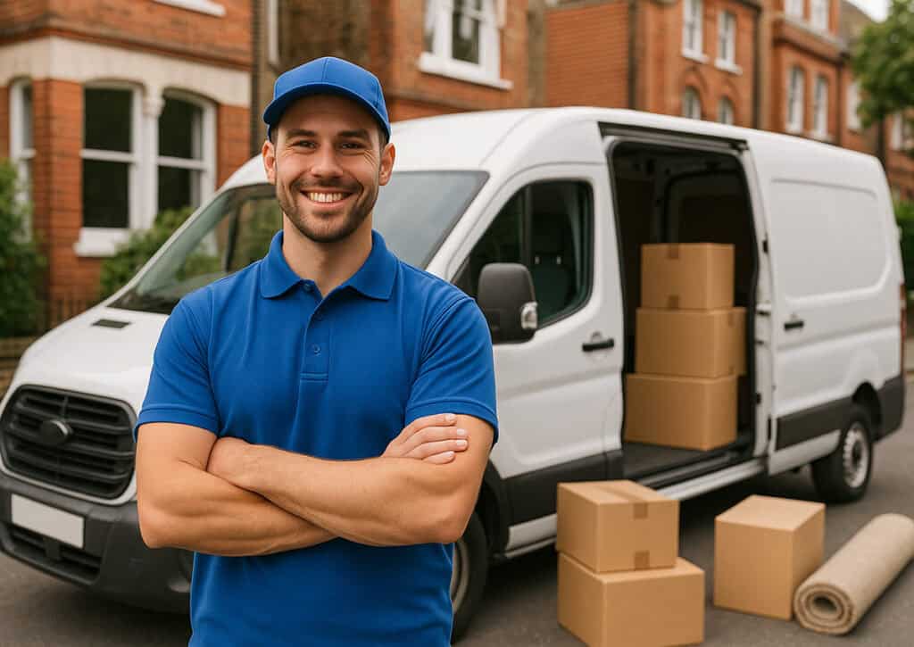 man wearing a blue hat and polo shirt in front of a white van