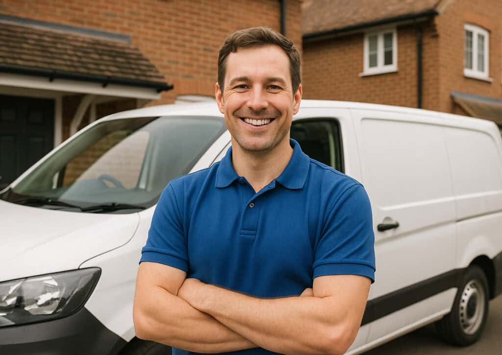 man wearing blue polo shirt in front of a white van