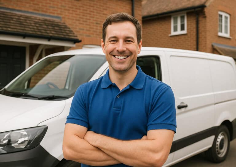 man wearing blue polo shirt in front of a white van