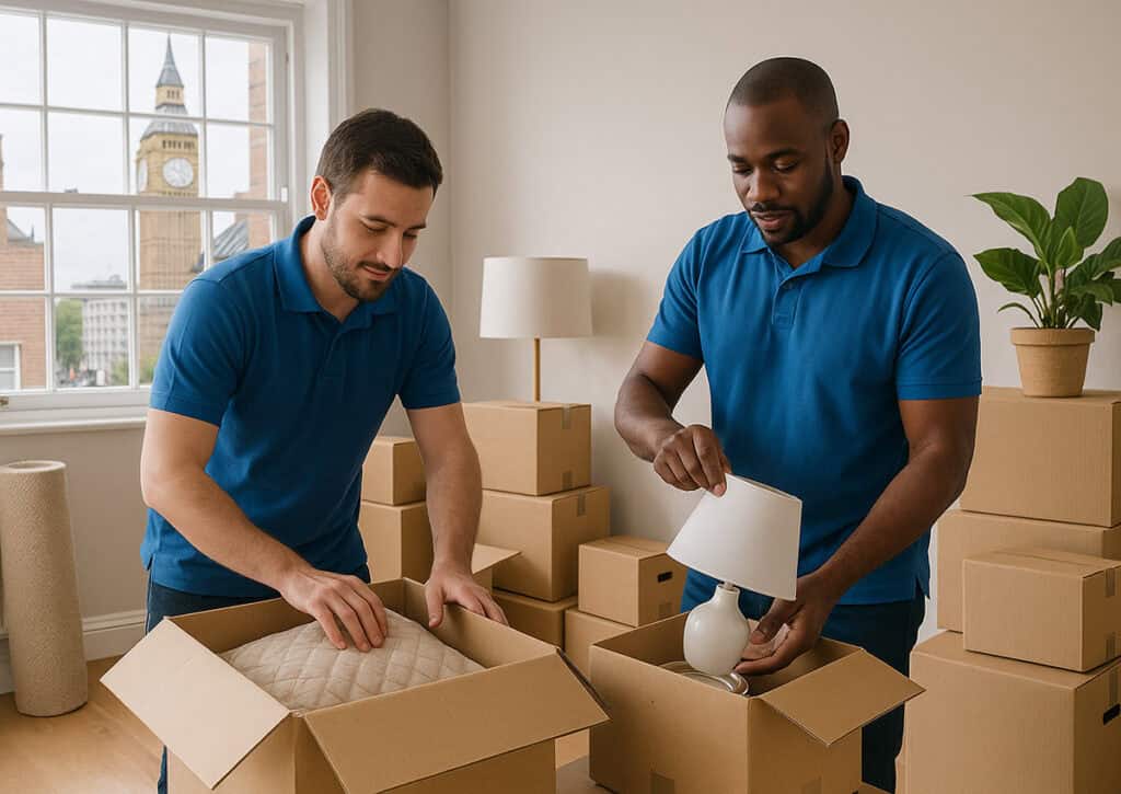 men wearing blue polo shirt packing items
