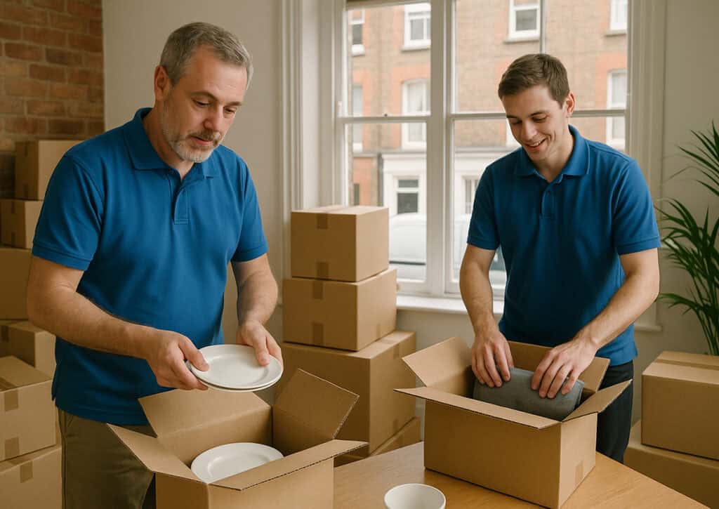men wearing blue polo shirt packing items into cardboard boxes