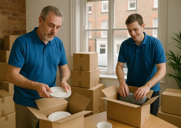 men wearing blue polo shirt packing items into cardboard boxes