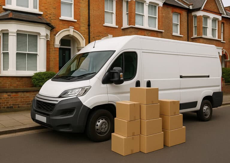 stack of cardboard boxes near a white van
